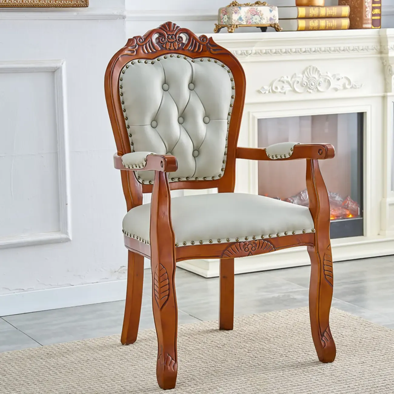Traditional Brown Wood Leather Upholstered Armless Dining Chair Image - 22