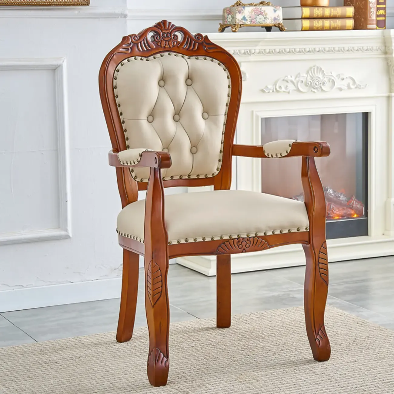 Traditional Brown Wood Leather Upholstered Armless Dining Chair Image - 24