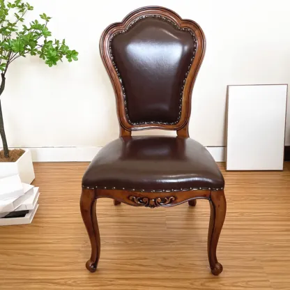 Traditional Brown Wood Leather Upholstered Armless Dining Chair Image - 26