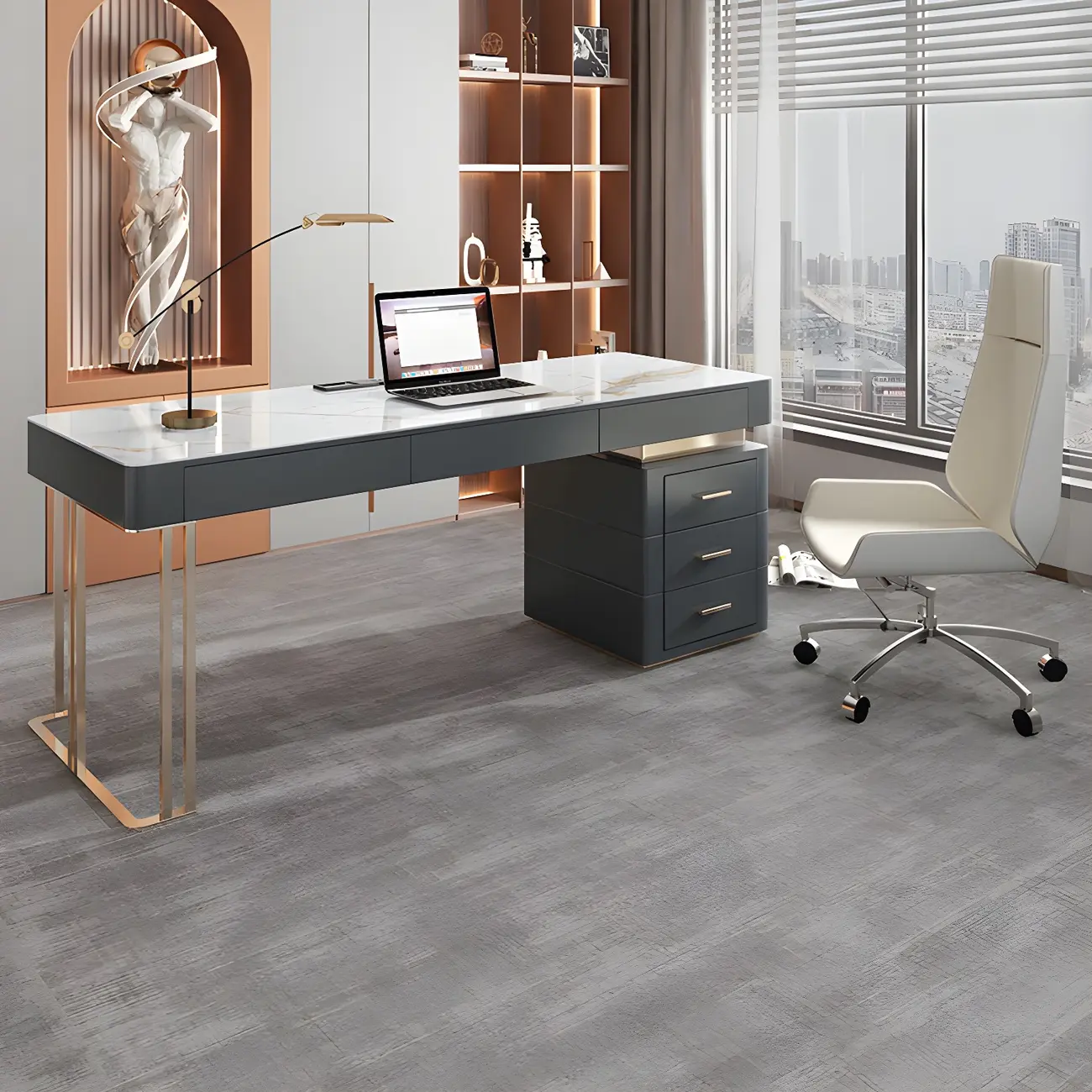 Glam H-Shaped Stone Top Metal Base Executive Desk with Drawers Image - 4 | homeyfad
