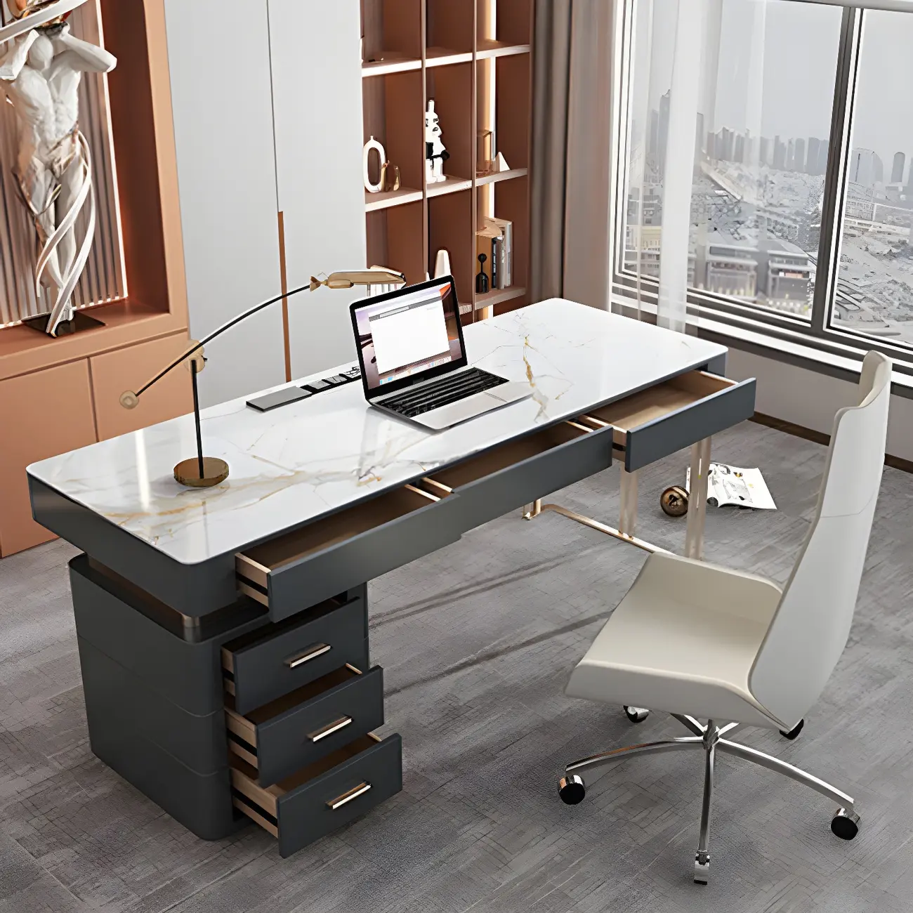 Glam H-Shaped Stone Top Metal Base Executive Desk with Drawers Image - 12 | homeyfad