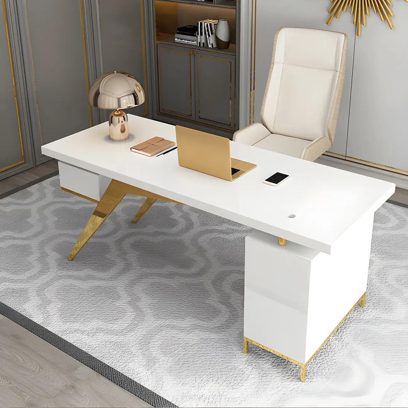 Modern Glass Top Gold Base Writing Desk with Drawers in White & Black Image - 2