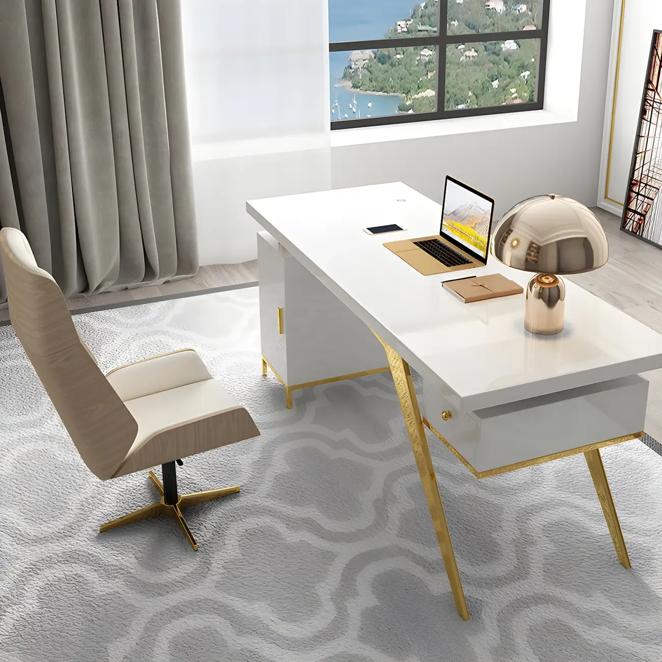 Modern Glass Top Gold Base Writing Desk with Drawers in White & Black Image - 3