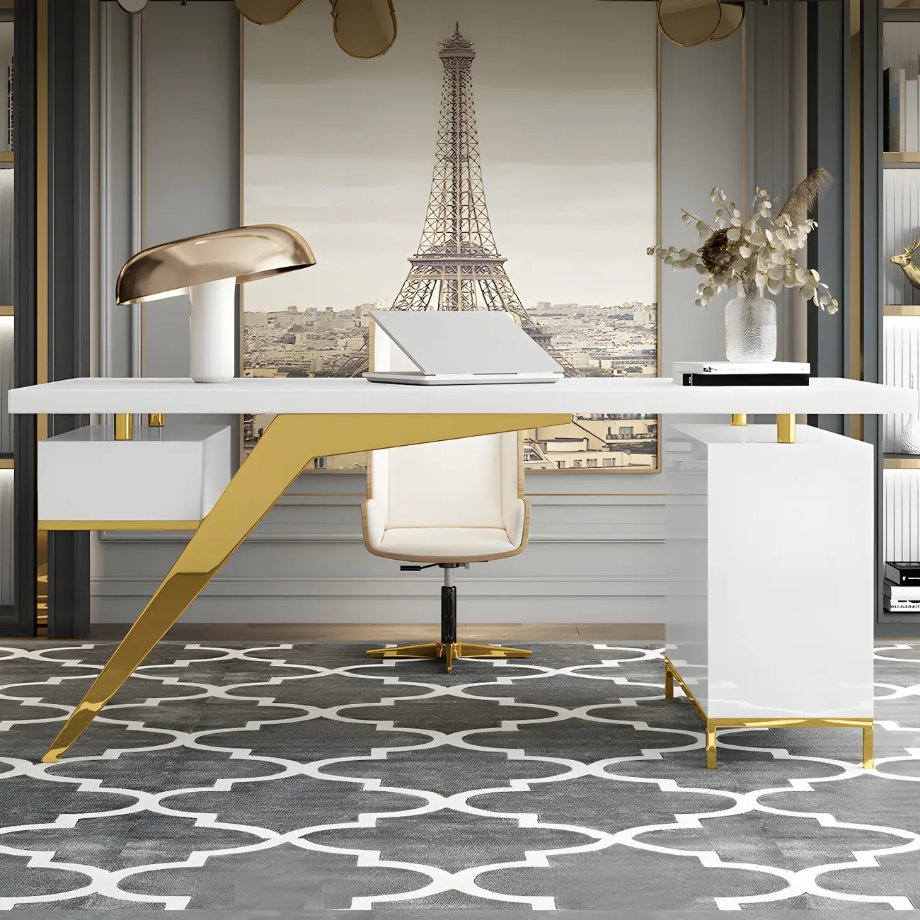 Modern Glass Top Gold Base Writing Desk with Drawers in White & Black Image - 4 | homeyfad
