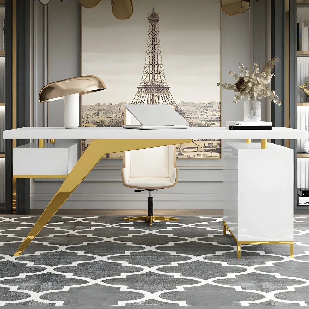 Modern Glass Top Gold Base Writing Desk with Drawers in White & Black Image - 4