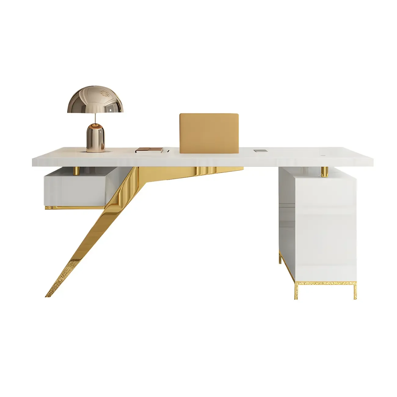 Modern Glass Top Gold Base Writing Desk with Drawers in White & Black Image - 5