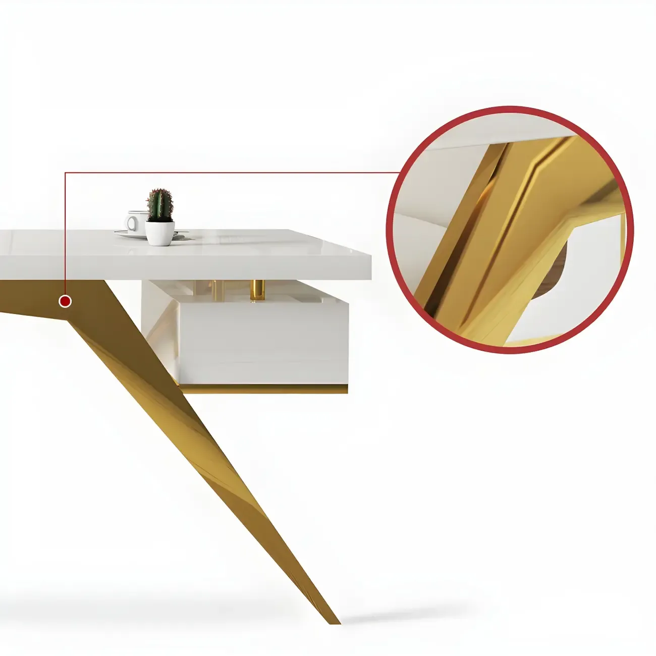 Modern Glass Top Gold Base Writing Desk with Drawers in White & Black Image - 7