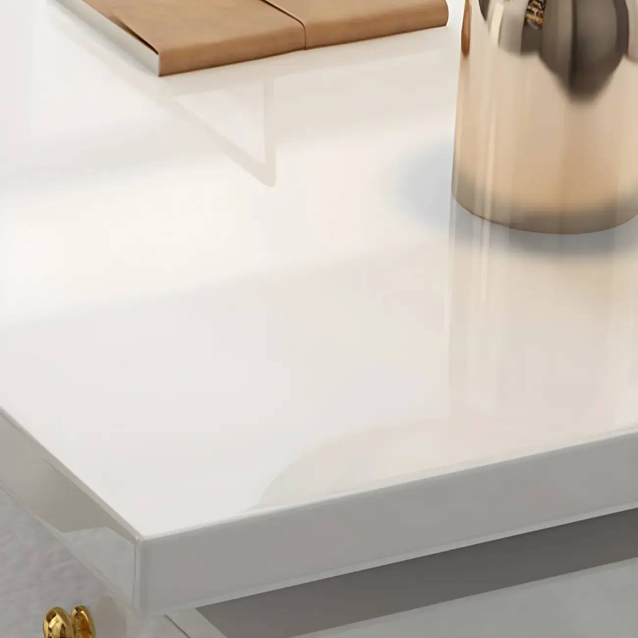 Modern Glass Top Gold Base Writing Desk with Drawers in White & Black Image - 8