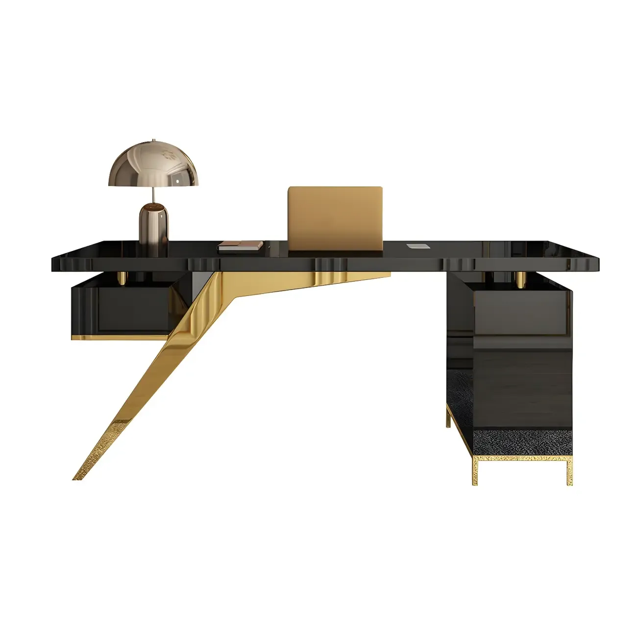 Modern Glass Top Gold Base Writing Desk with Drawers in White & Black Image - 10
