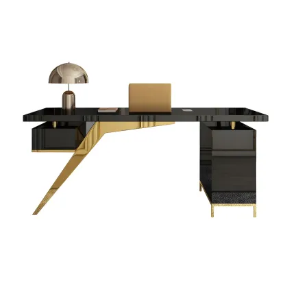 Modern Glass Top Gold Base Writing Desk with Drawers in White & Black Image - 10