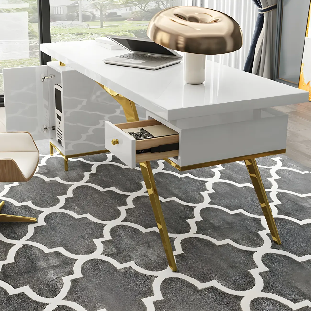 Modern Glass Top Gold Base Writing Desk with Drawers in White & Black Image - 11