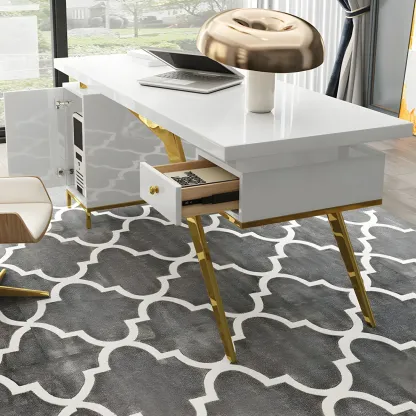 Modern Glass Top Gold Base Writing Desk with Drawers in White & Black Image - 11
