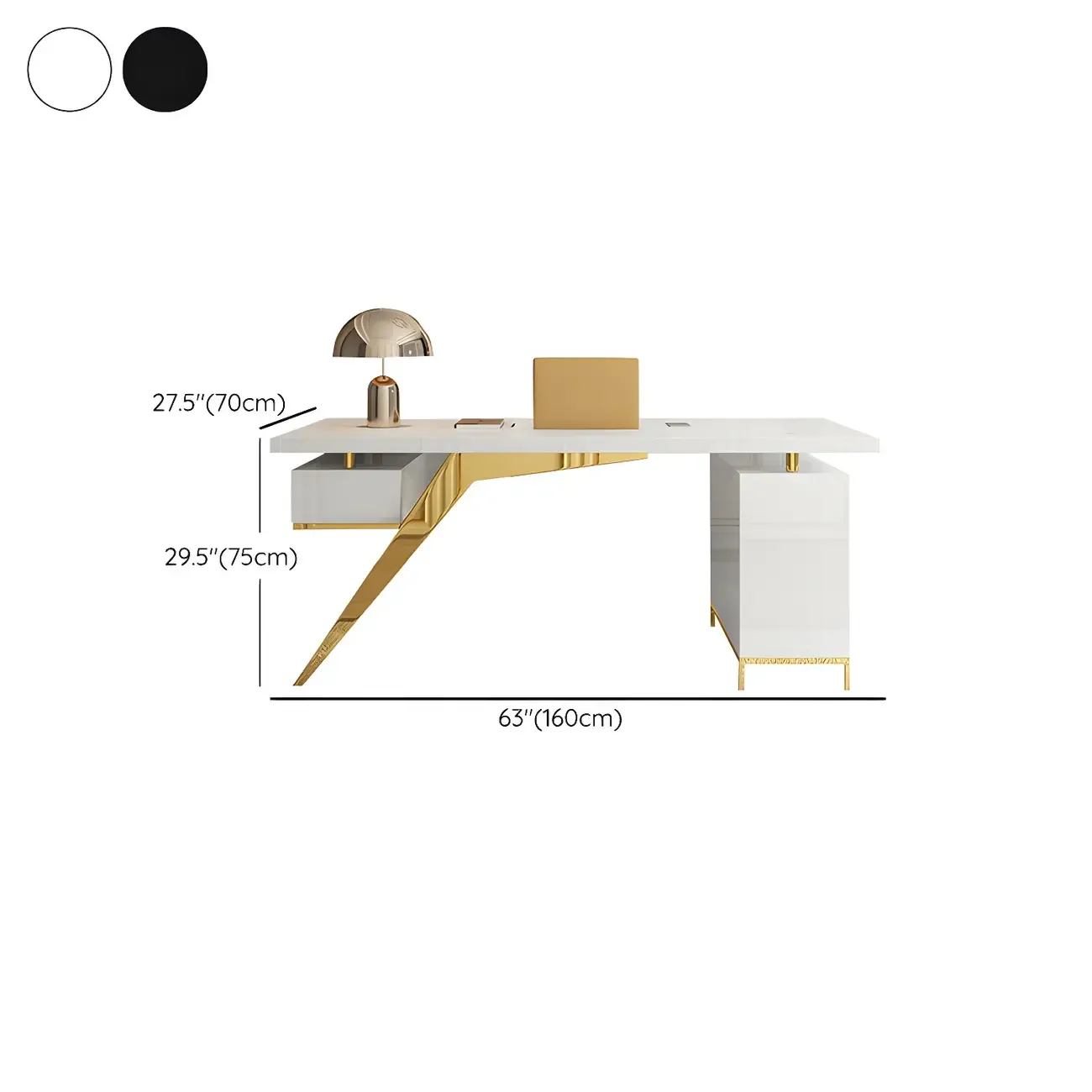 Modern Glass Top Gold Base Writing Desk with Drawers in White & Black Image - 13