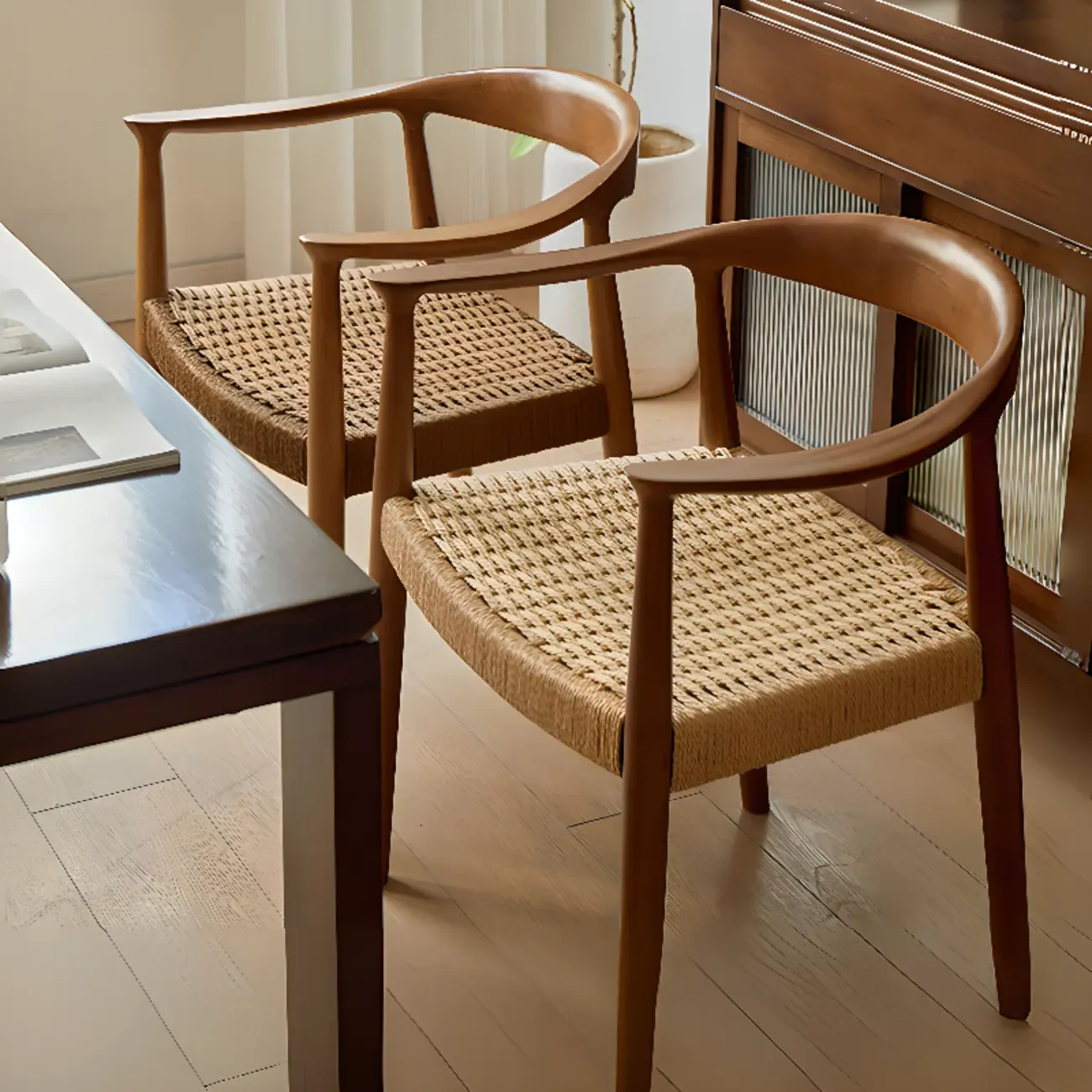 Scandinavian Curved Wood Woven Seat Armrest Dining Chair Image - 1