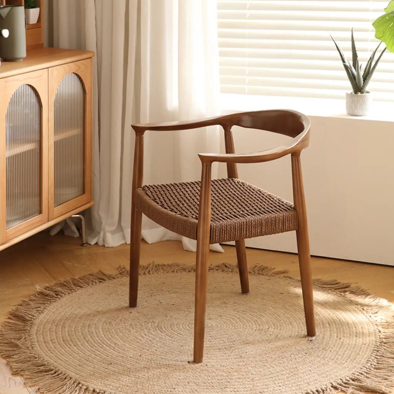 Scandinavian Curved Wood Woven Seat Armrest Dining Chair Image - 2 | homeyfad