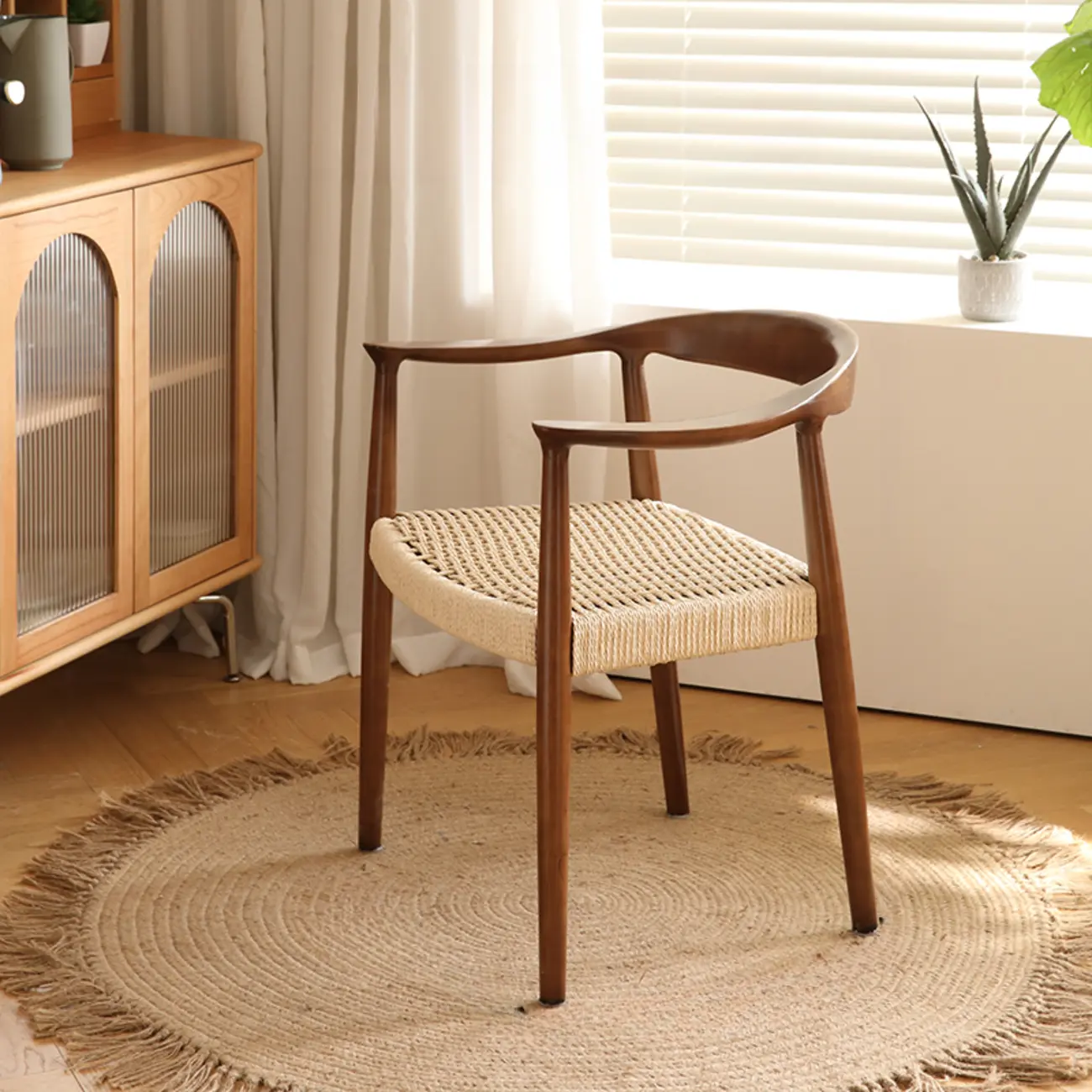 Scandinavian Curved Wood Woven Seat Armrest Dining Chair Image - 3 | homeyfad