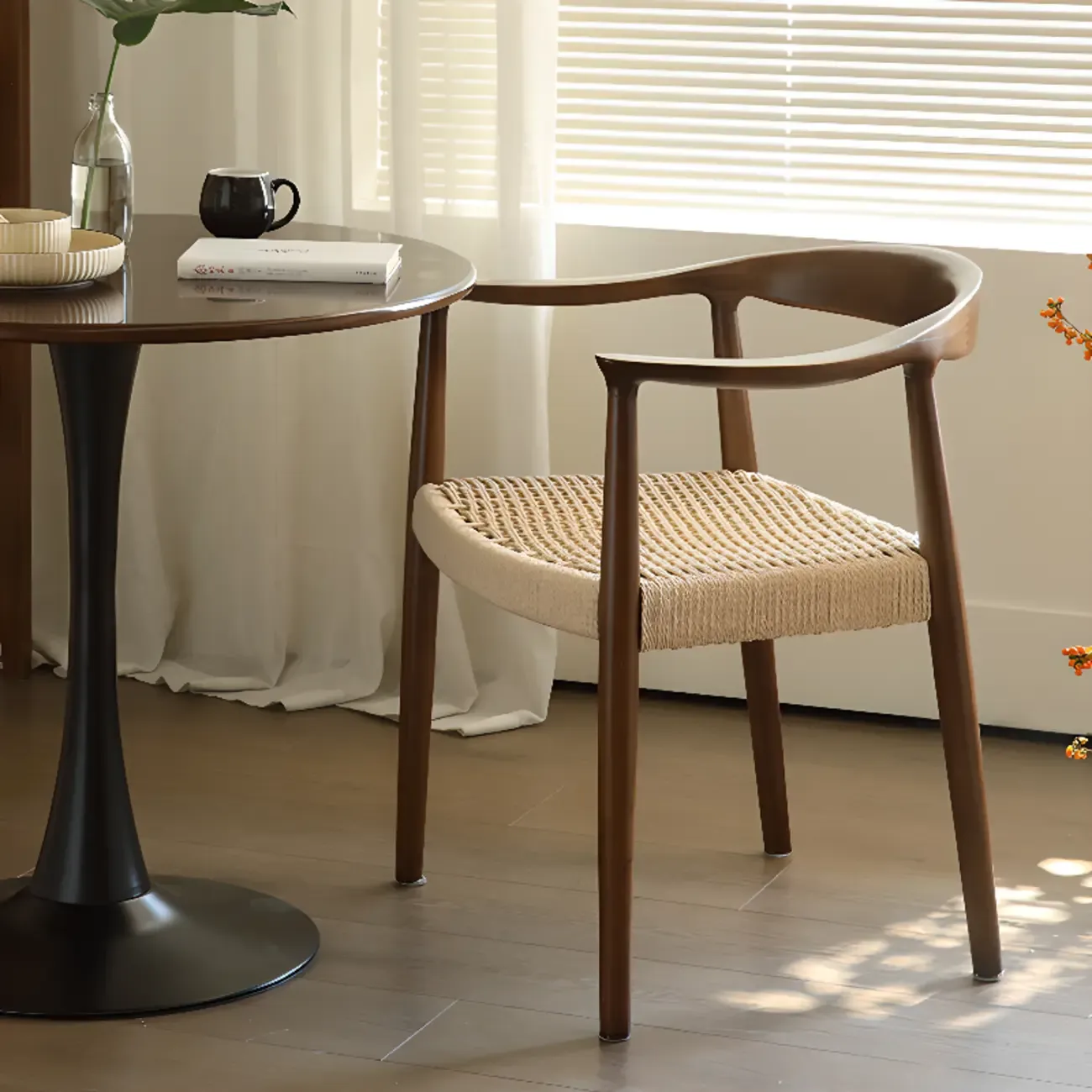Scandinavian Curved Wood Woven Seat Armrest Dining Chair Image - 4