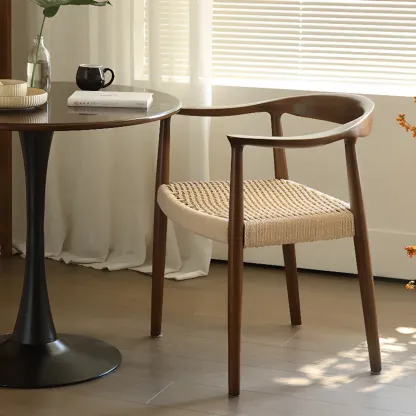 Scandinavian Curved Wood Woven Seat Armrest Dining Chair Image - 4