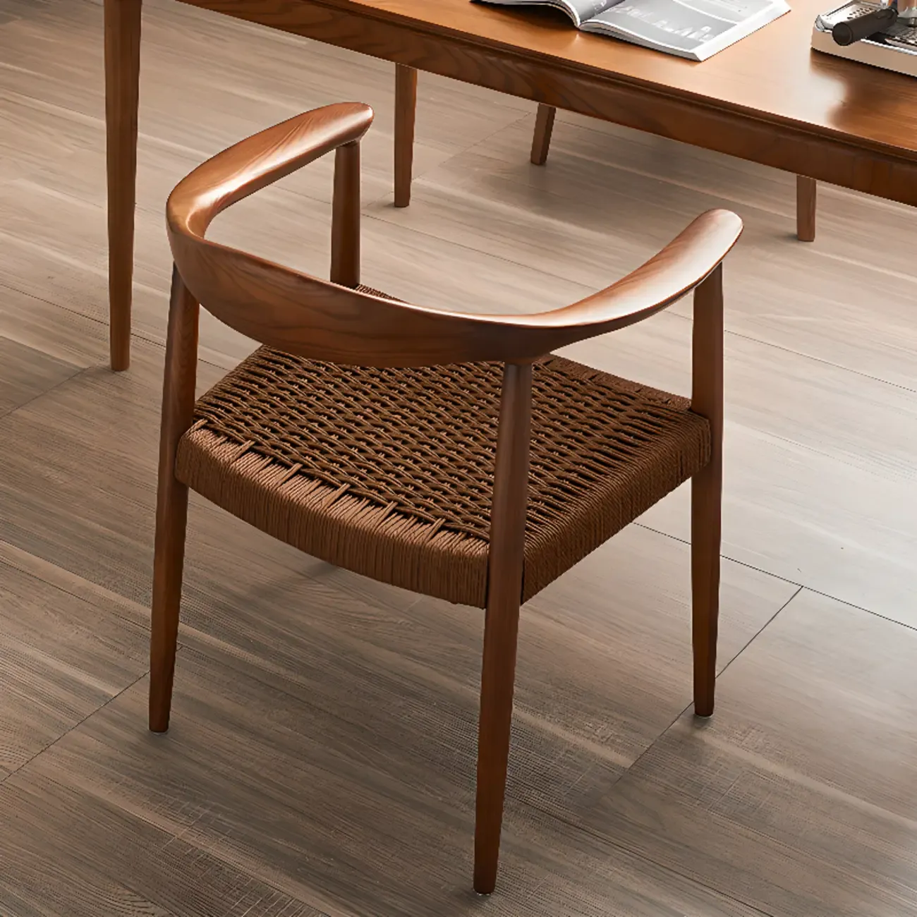 Scandinavian Curved Wood Woven Seat Armrest Dining Chair Image - 6