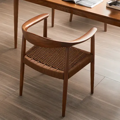Scandinavian Curved Wood Woven Seat Armrest Dining Chair Image - 6