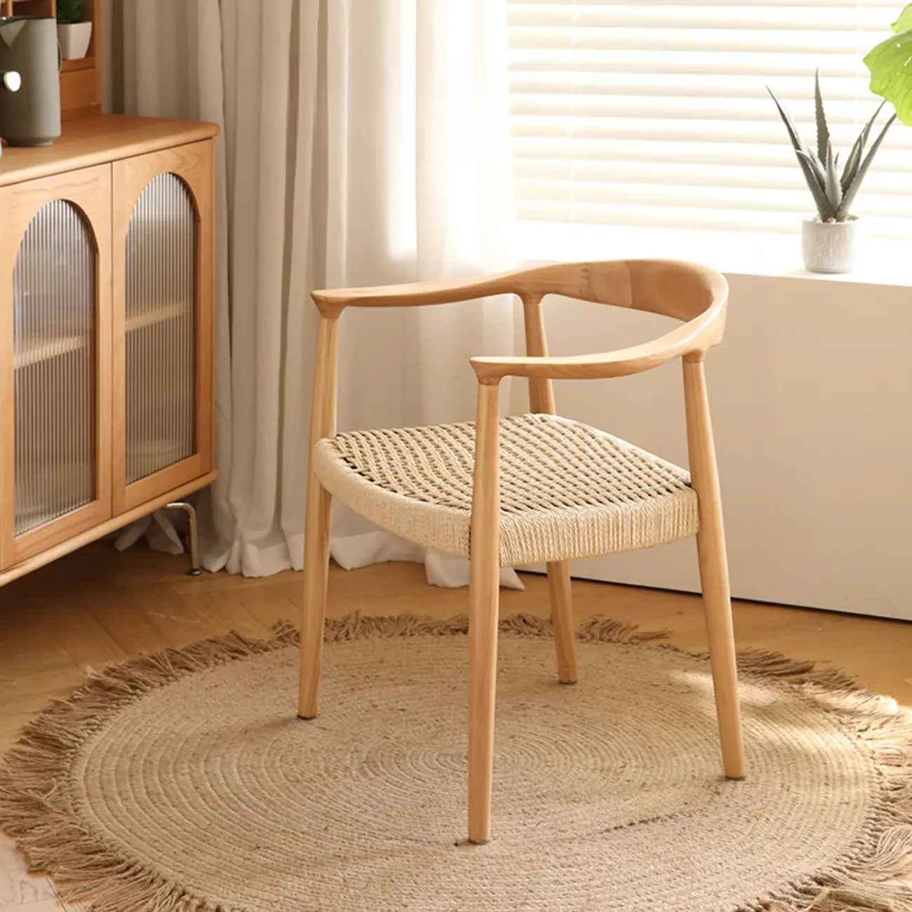 Scandinavian Curved Wood Woven Seat Armrest Dining Chair Image - 7 | homeyfad