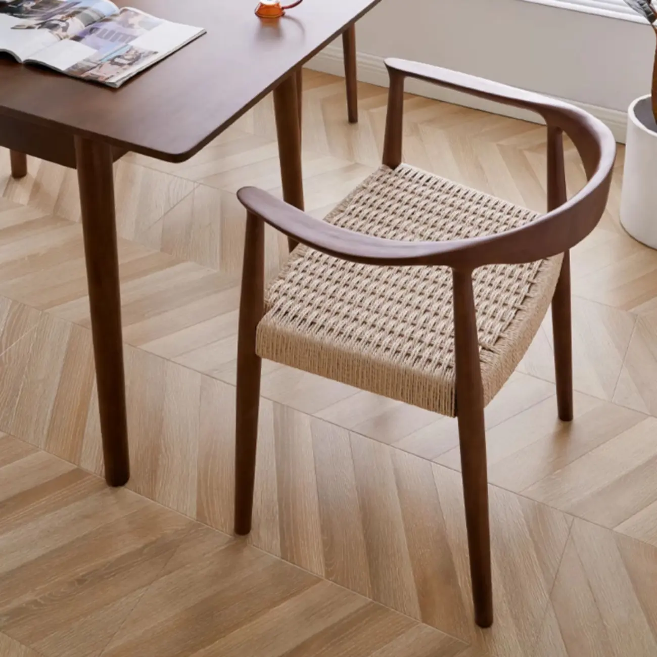 Scandinavian Curved Wood Woven Seat Armrest Dining Chair Image - 8 | homeyfad