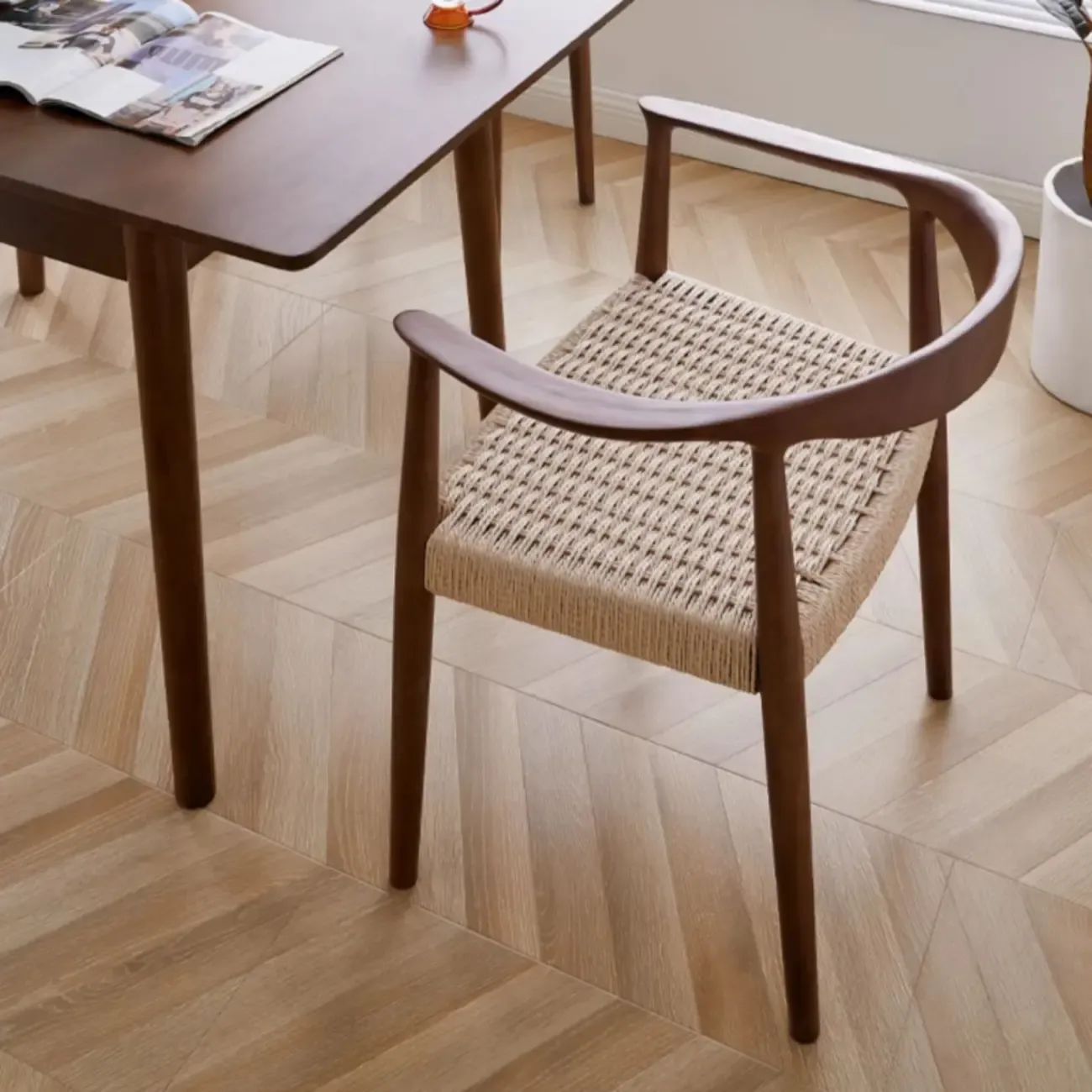 Scandinavian Curved Wood Woven Seat Armrest Dining Chair Image - 8