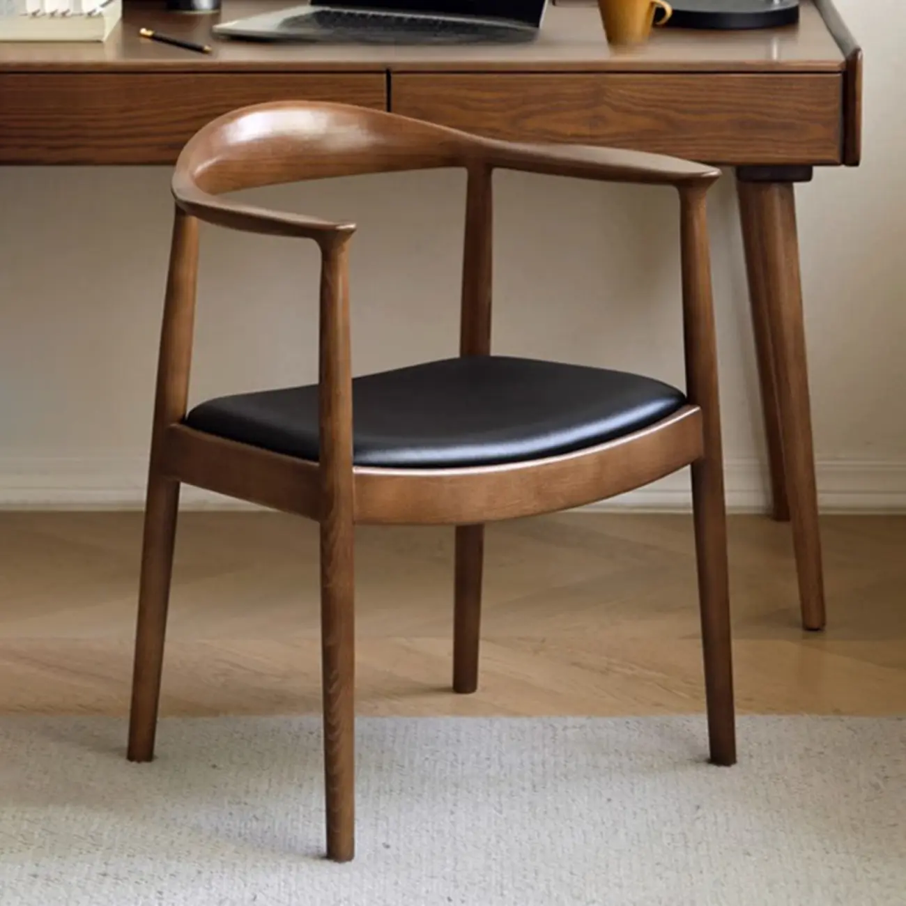 Scandinavian Curved Wood Woven Seat Armrest Dining Chair Image - 9 | homeyfad