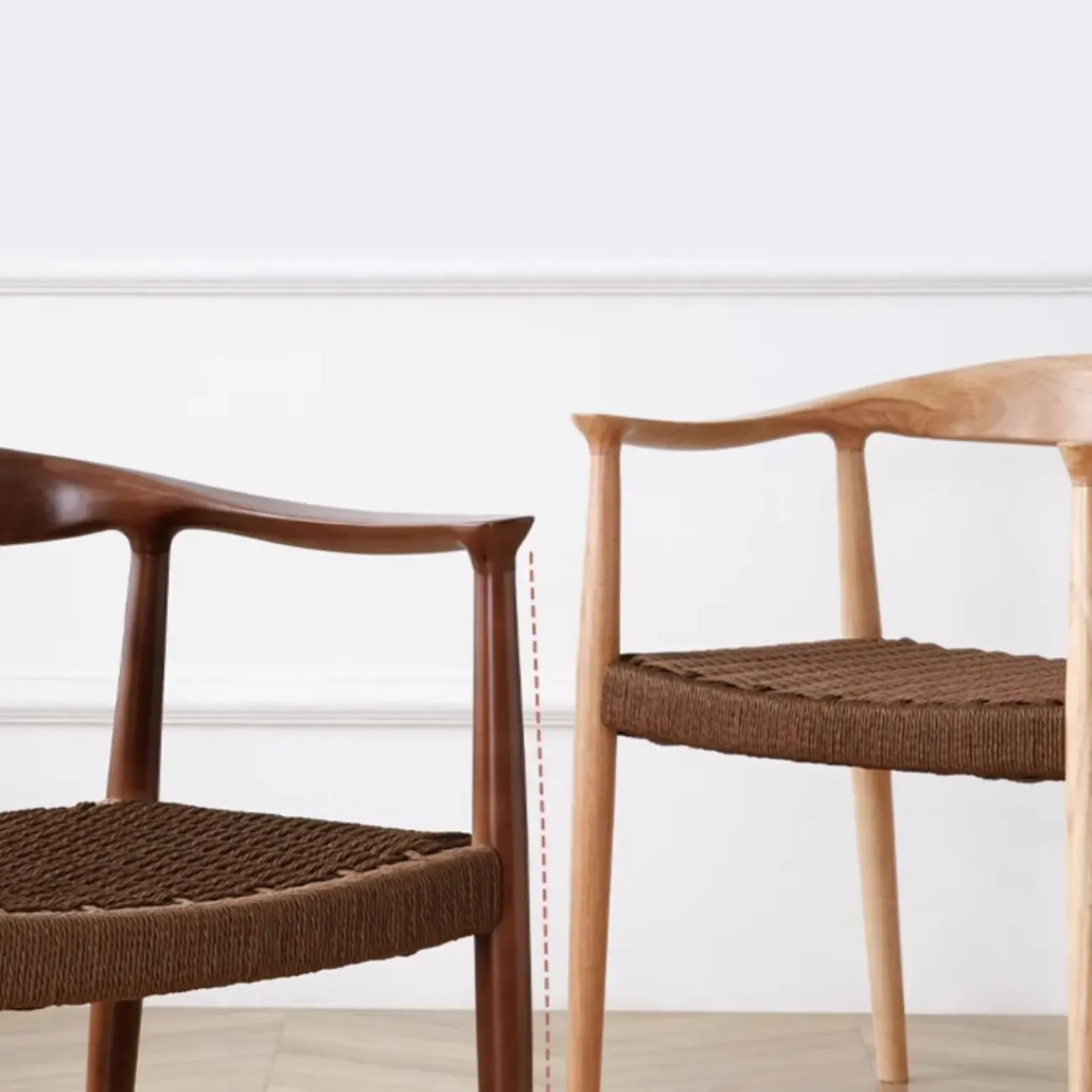 Scandinavian Curved Wood Woven Seat Armrest Dining Chair Image - 10