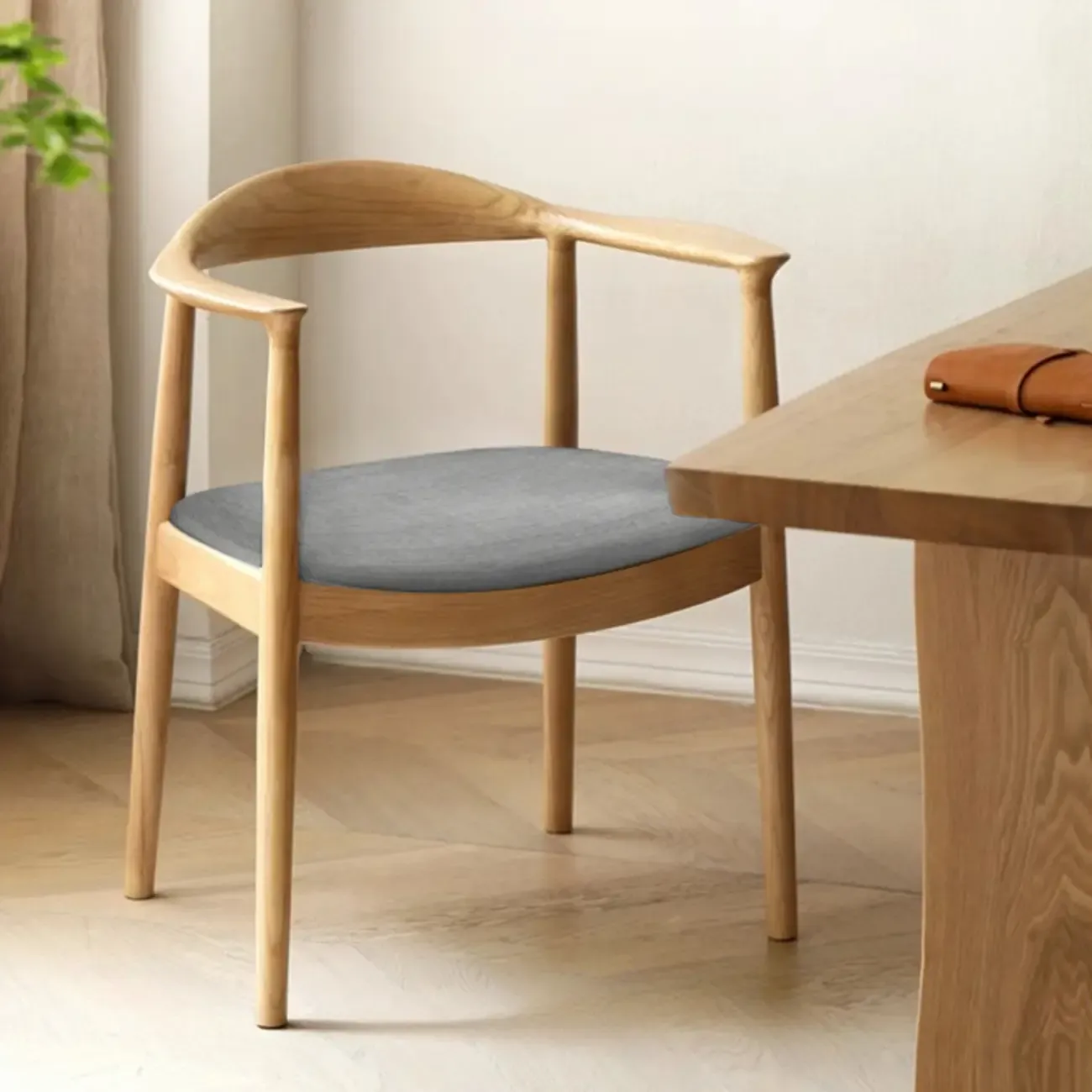 Scandinavian Curved Wood Woven Seat Armrest Dining Chair Image - 11