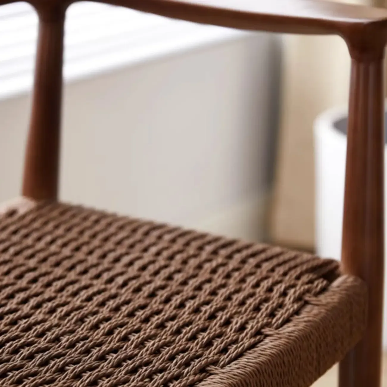 Scandinavian Curved Wood Woven Seat Armrest Dining Chair Image - 12