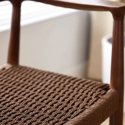 Scandinavian Curved Wood Woven Seat Armrest Dining Chair Image - 12