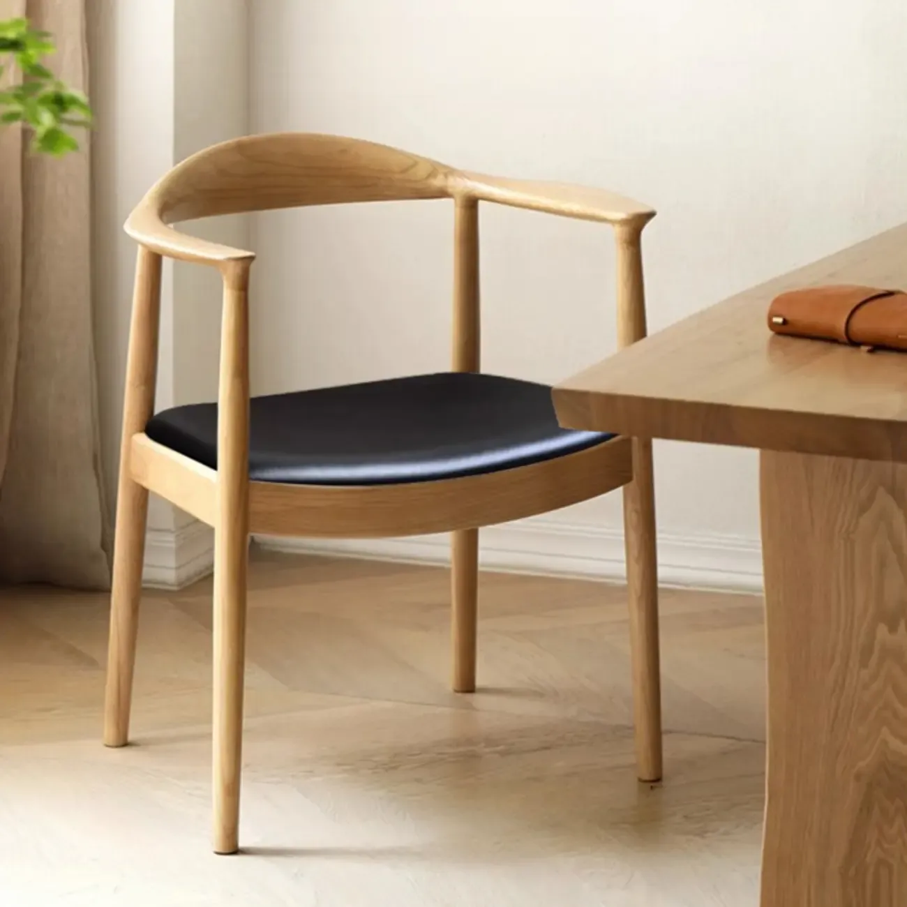 Scandinavian Curved Wood Woven Seat Armrest Dining Chair Image - 13