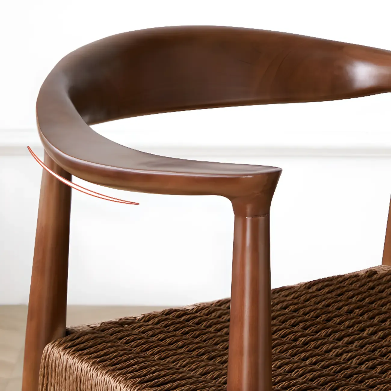 Scandinavian Curved Wood Woven Seat Armrest Dining Chair Image - 14