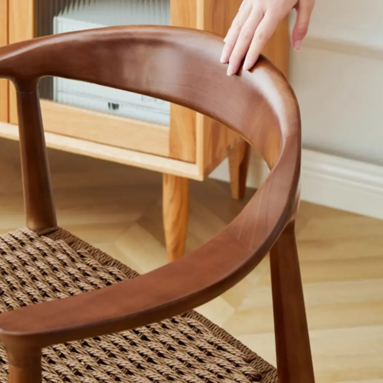 Scandinavian Curved Wood Woven Seat Armrest Dining Chair Image - 15