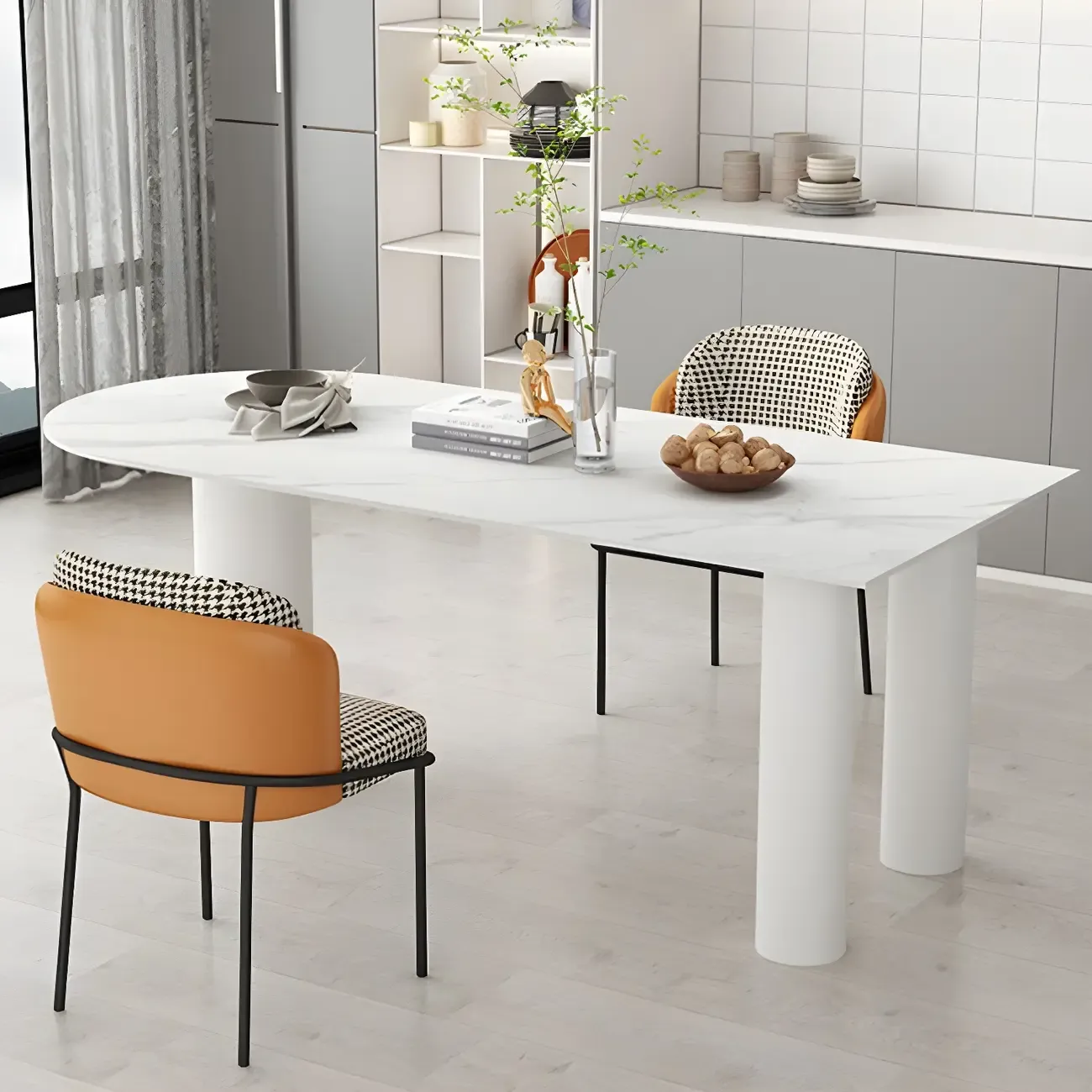 Glam White Peninsula Writing Desk with Marble Top Image - 1