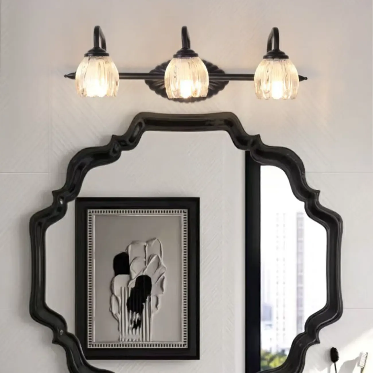 3-Light Vintage Bathroom Vanity Light with Glass Arc Shade Image - 1
