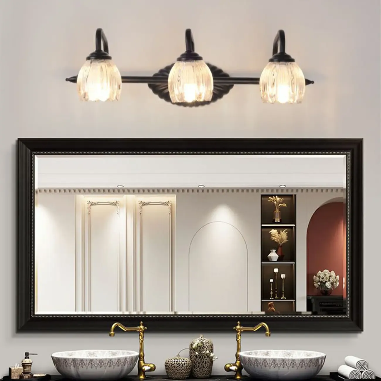 3-Light Vintage Bathroom Vanity Light with Glass Arc Shade Image - 5