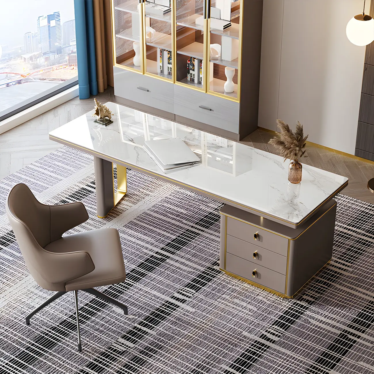 Glam Stone Top Metal Base Writing Desk with File Cabinet  Image - 1 | homeyfad