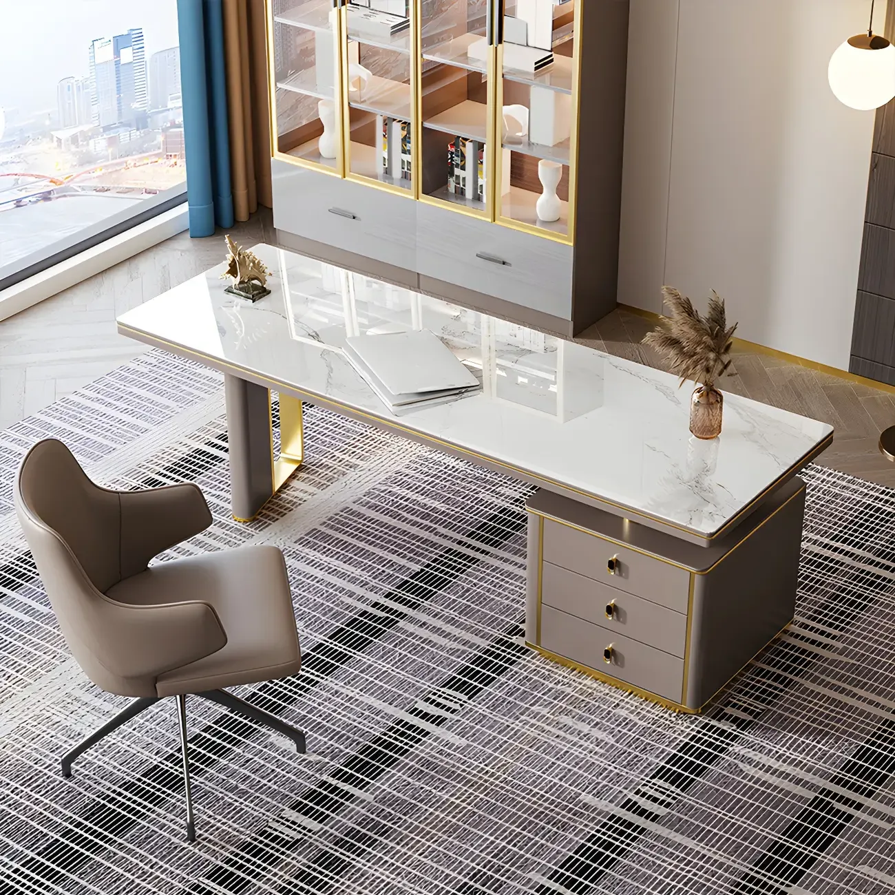 Glam Stone Top Metal Base Writing Desk with File Cabinet Image - 1
