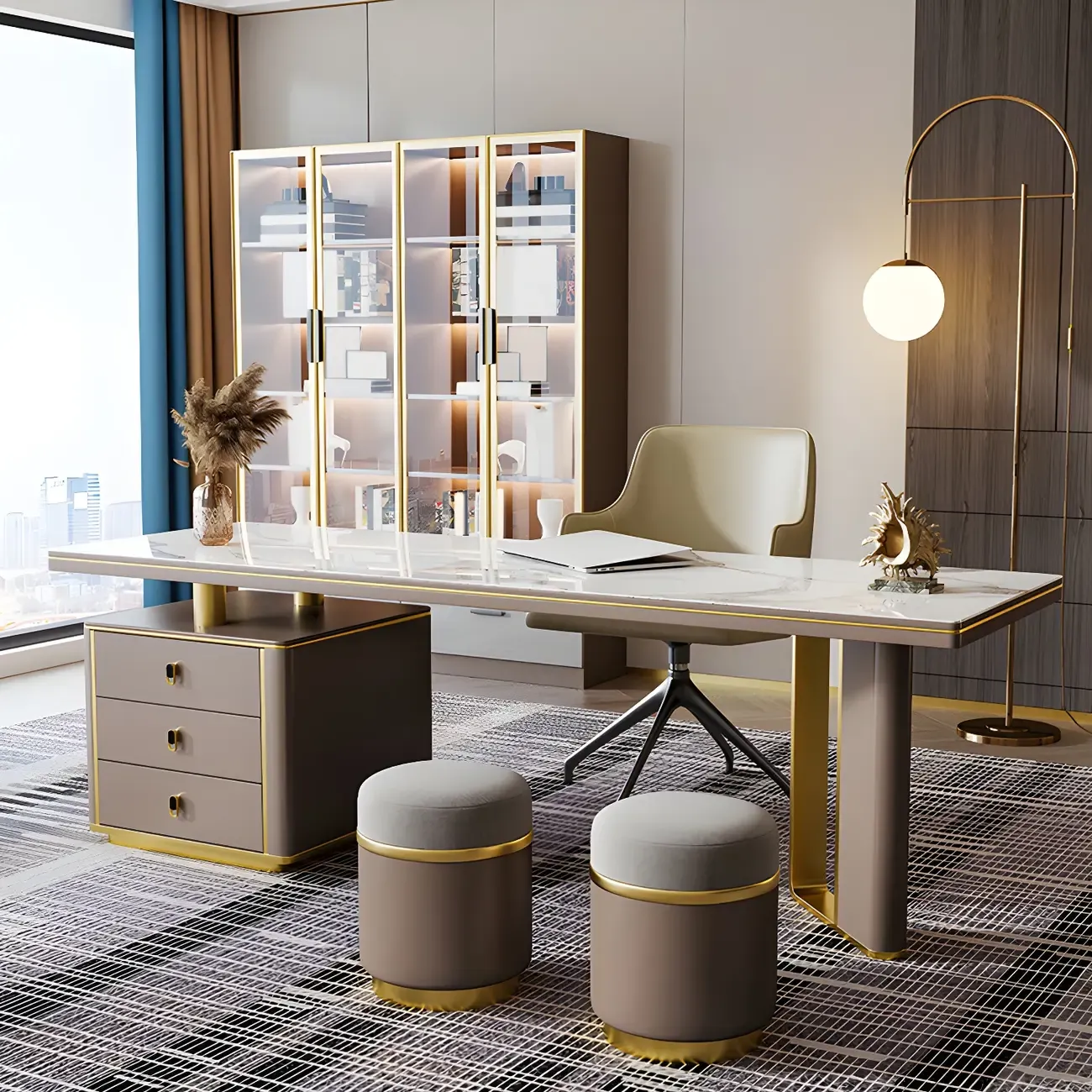 Glam Stone Top Metal Base Writing Desk with File Cabinet Image - 2