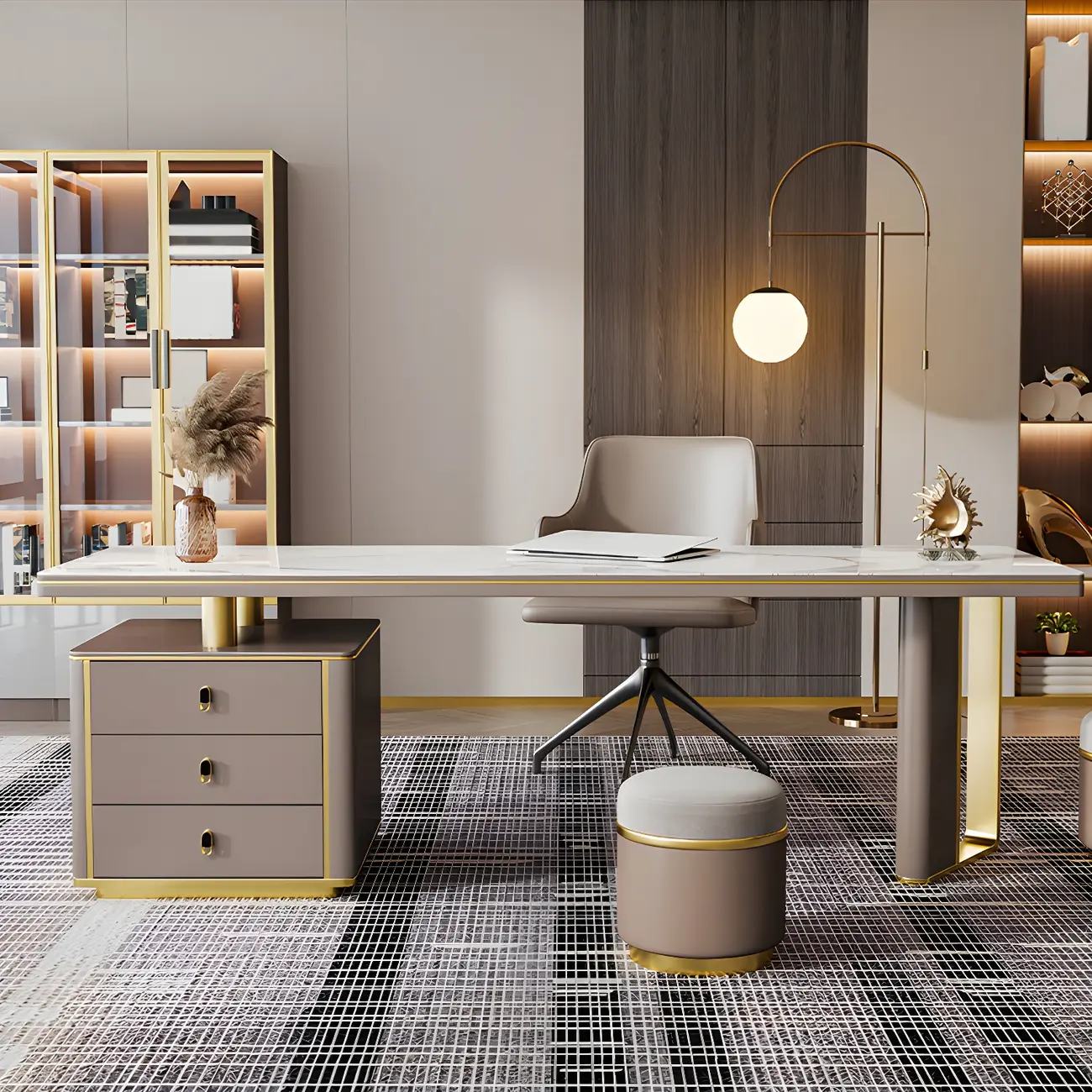 Glam Stone Top Metal Base Writing Desk with File Cabinet  Image - 3 | homeyfad