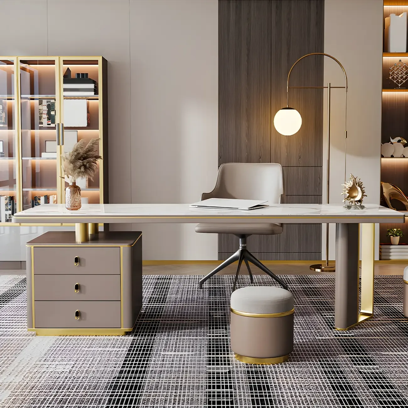Glam Stone Top Metal Base Writing Desk with File Cabinet Image - 3