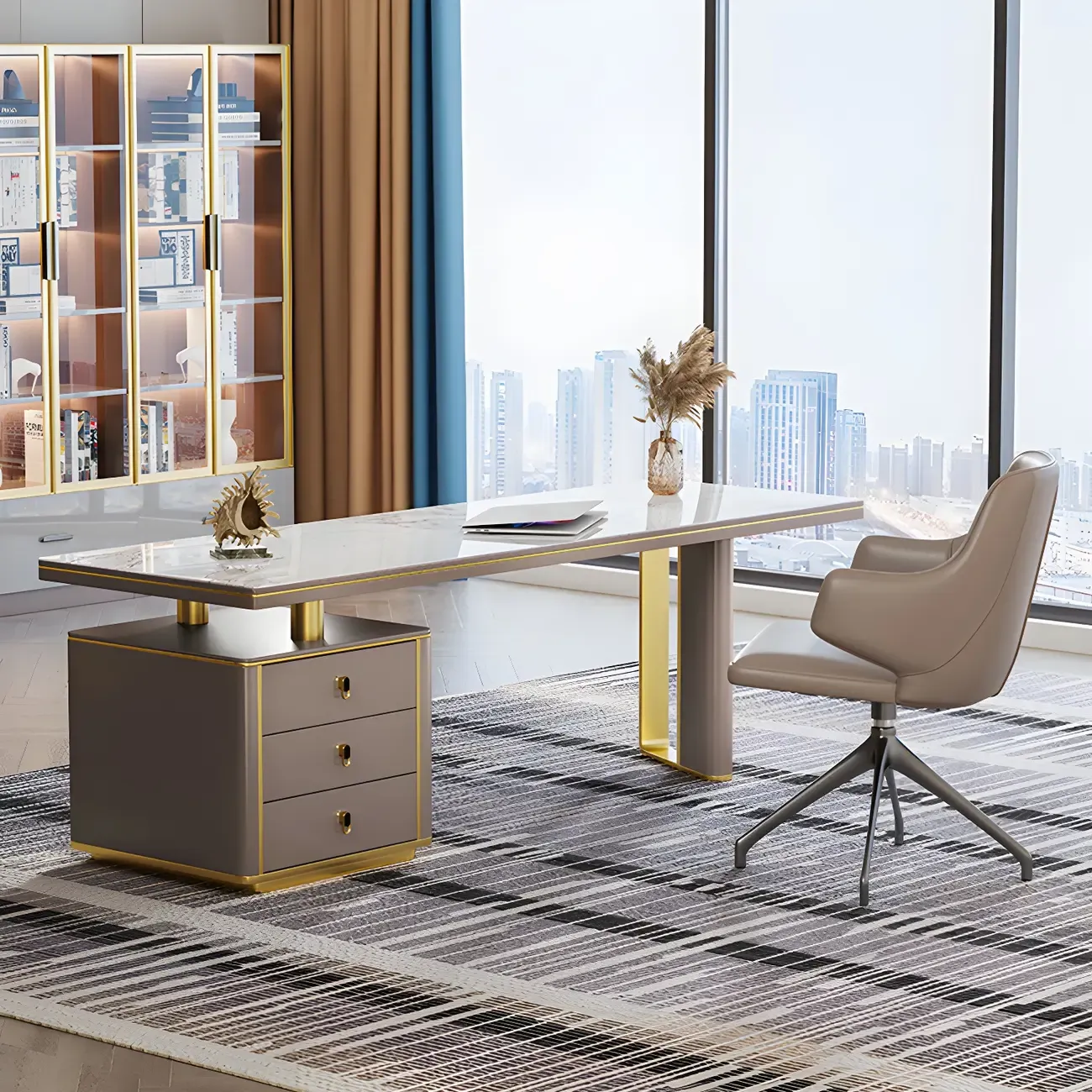 Glam Stone Top Metal Base Writing Desk with File Cabinet Image - 4