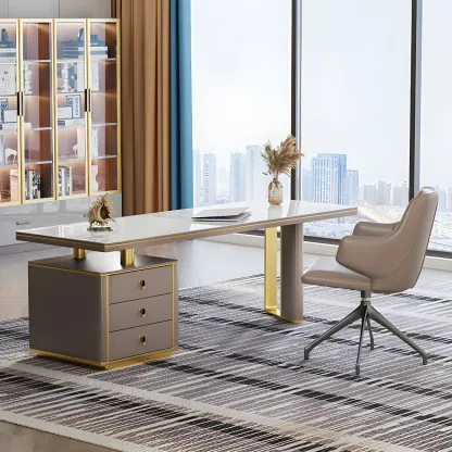 Glam Stone Top Metal Base Writing Desk with File Cabinet  Image - 4