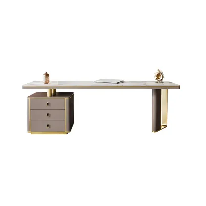 Glam Stone Top Metal Base Writing Desk with File Cabinet  Image - 5