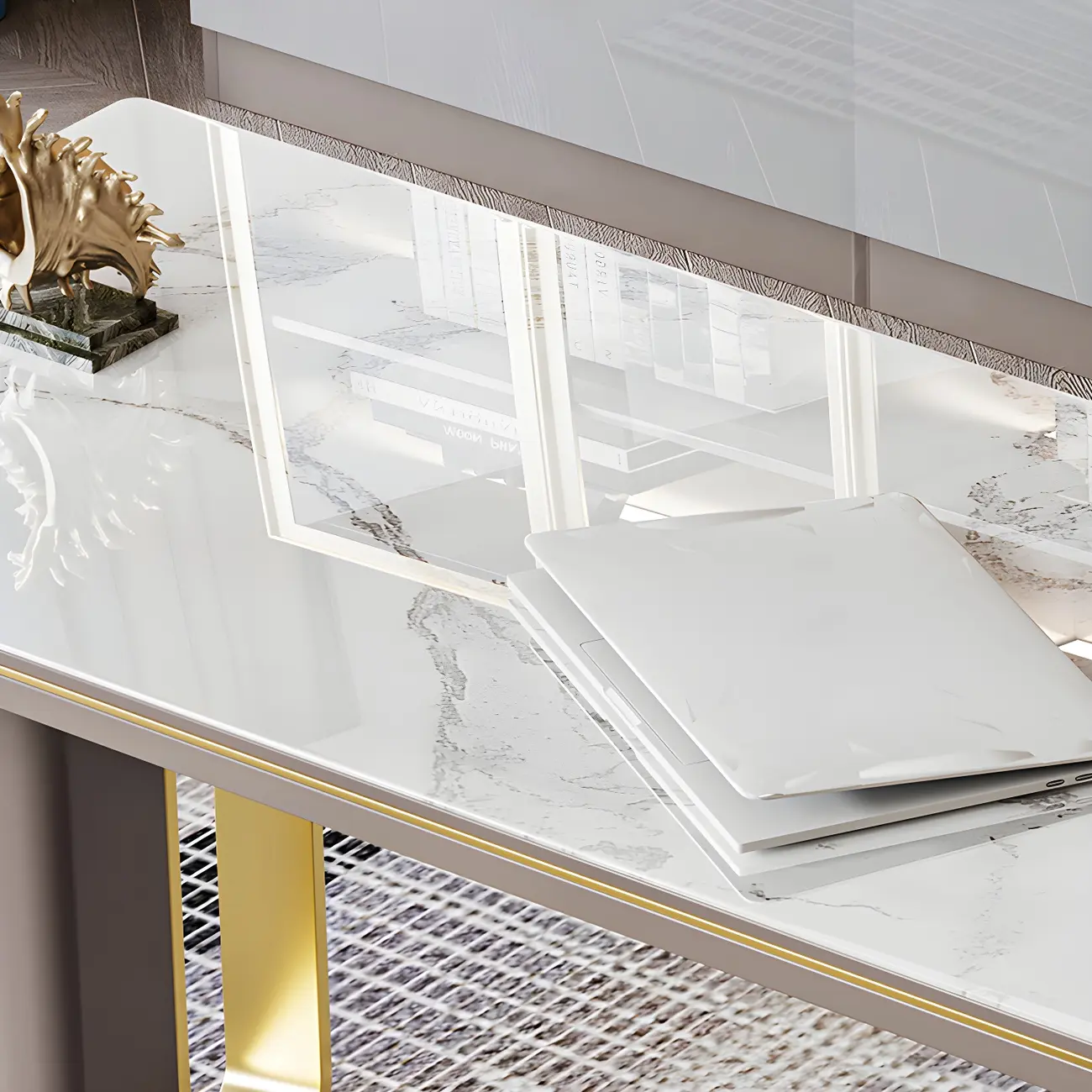 Glam Stone Top Metal Base Writing Desk with File Cabinet  Image - 7 | homeyfad