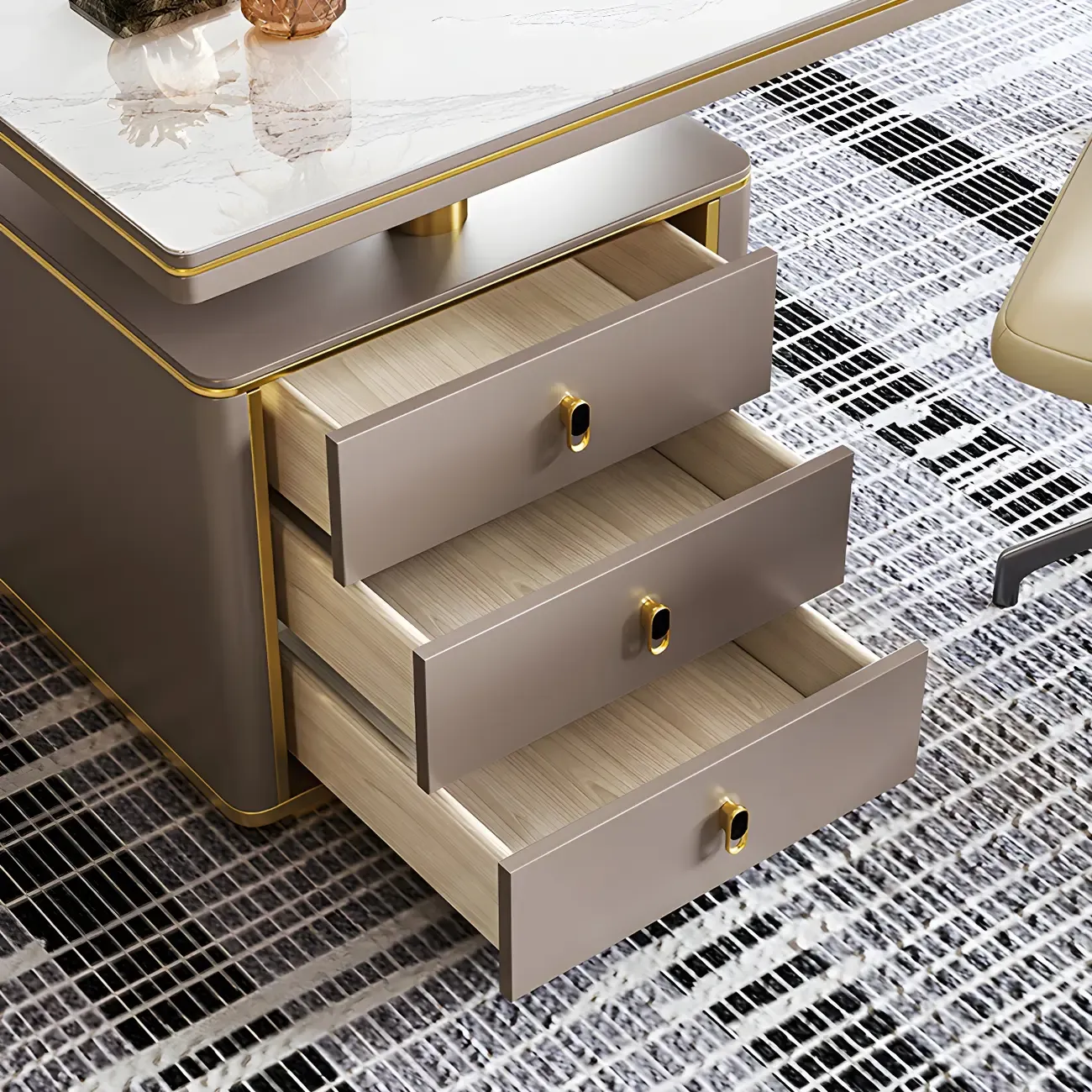 Glam Stone Top Metal Base Writing Desk with File Cabinet Image - 10