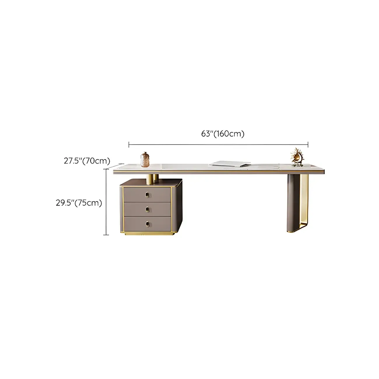 Glam Stone Top Metal Base Writing Desk with File Cabinet Image - 12