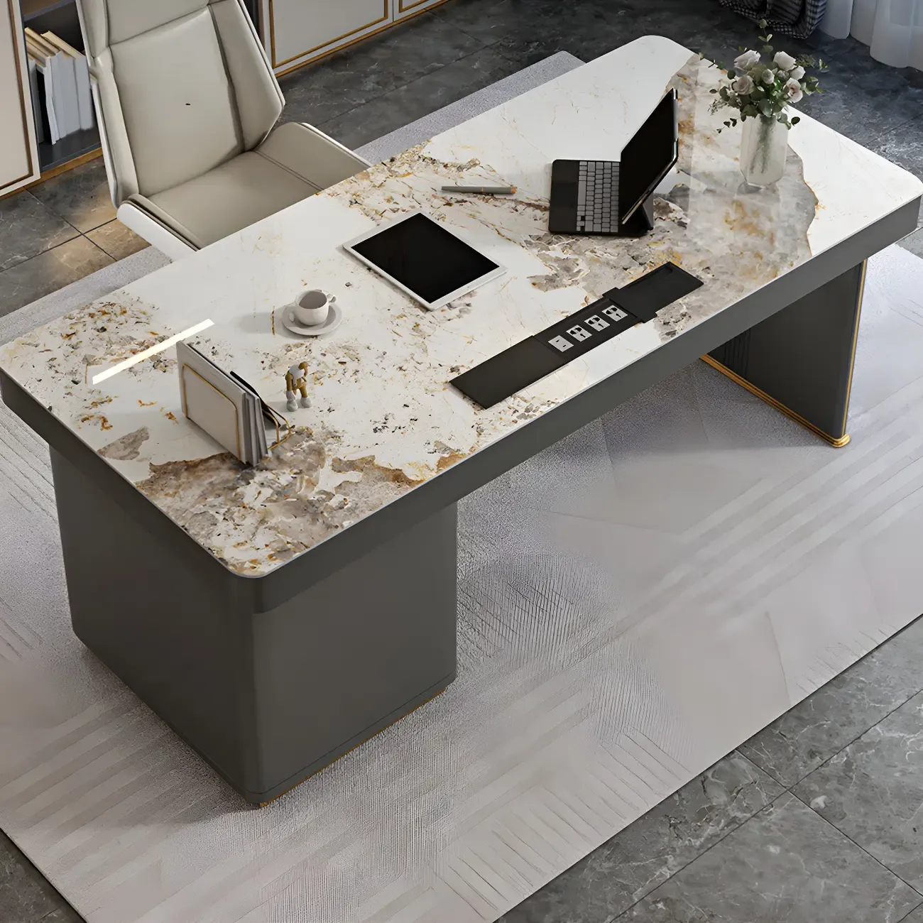 Glam Stone Top Writing Desk with Drawers and Built in Outlets Image - 1